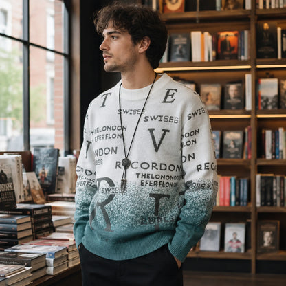 Male model wearing Daniel green gradient graphic letterman sweater, three quarter side view — view 5