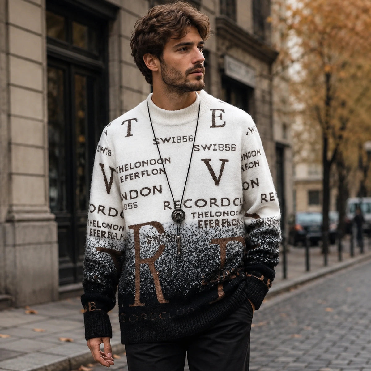 Male model wearing Daniel black gradient graphic letterman sweater outdoors in autumn — view 7