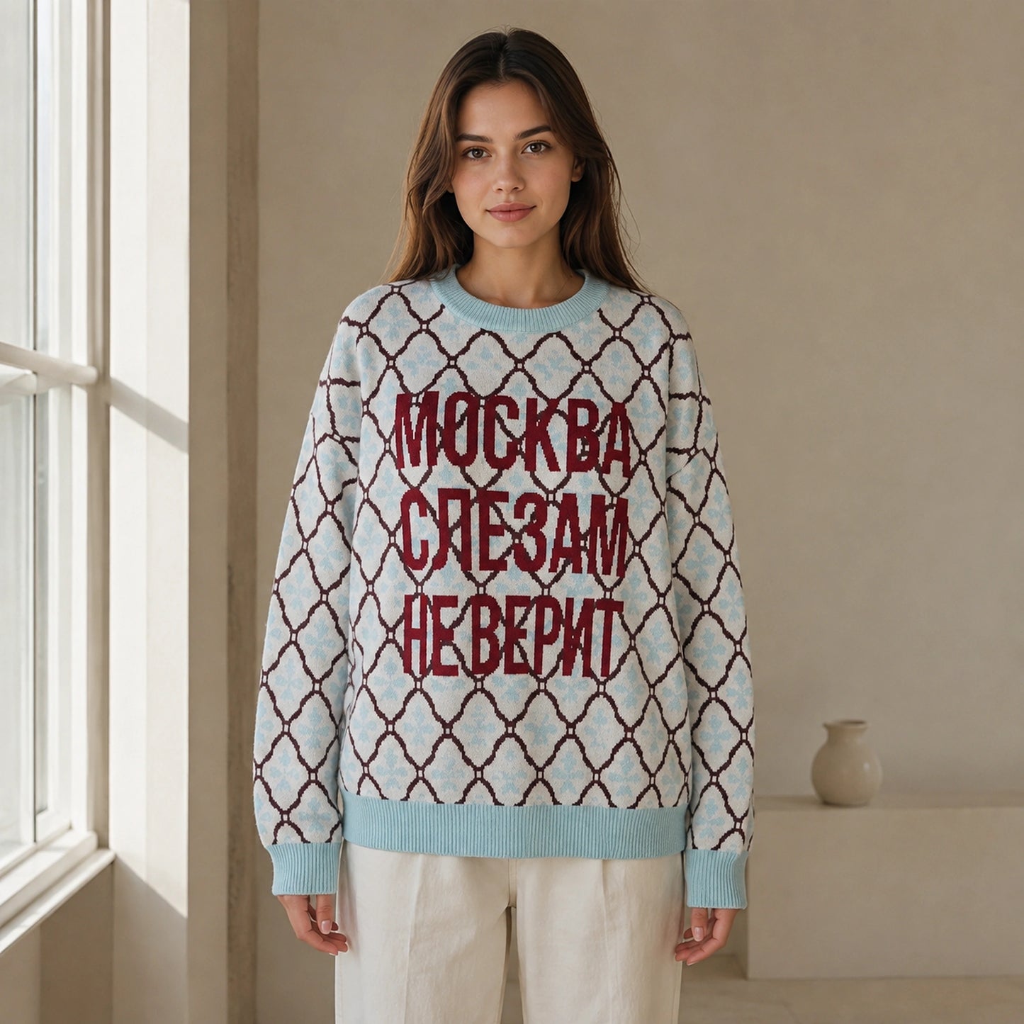 Woman wearing sky blue lattice jacquard letterman sweater, complete front view — view 4