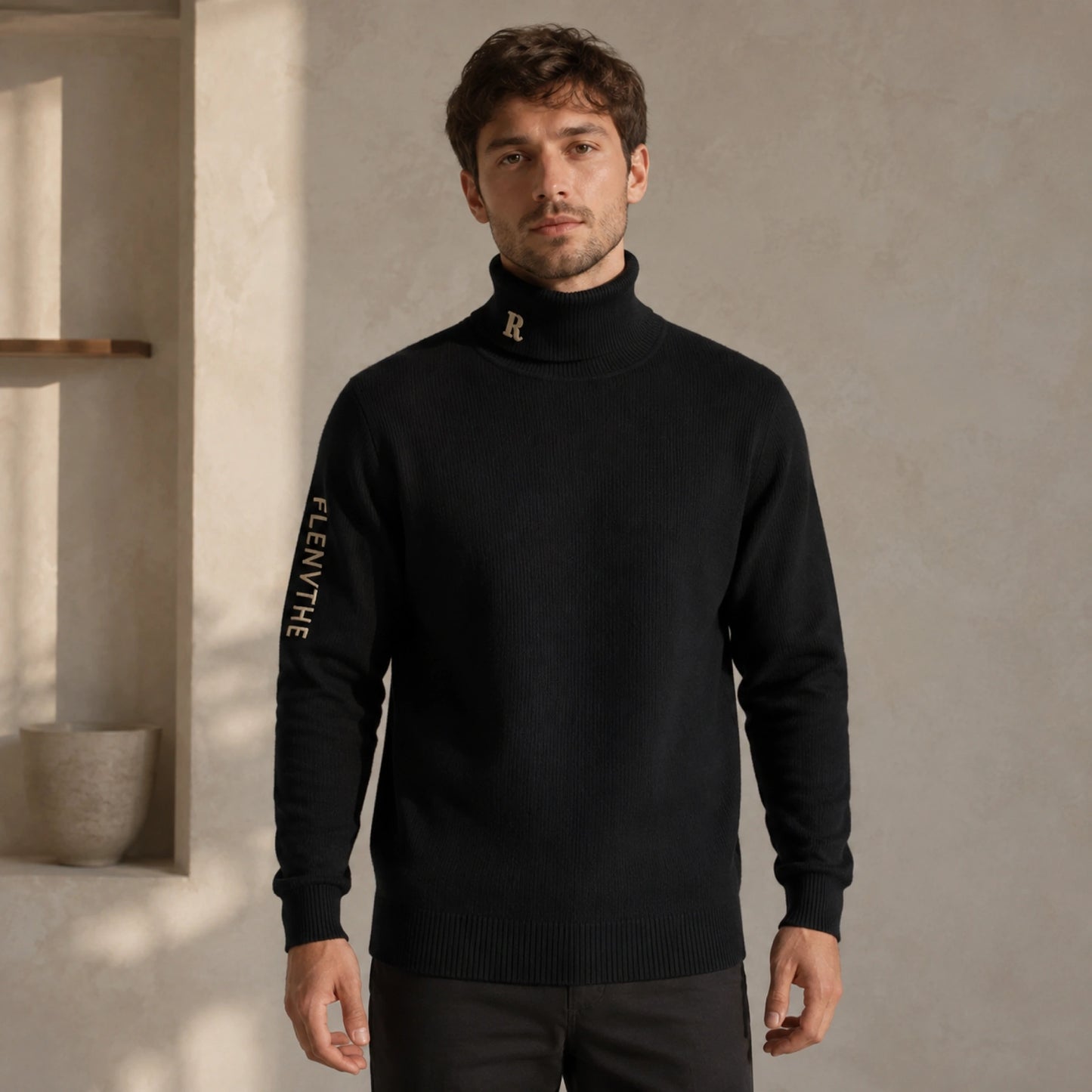Male model wearing men's black embroidered turtleneck letterman sweater, complete front view