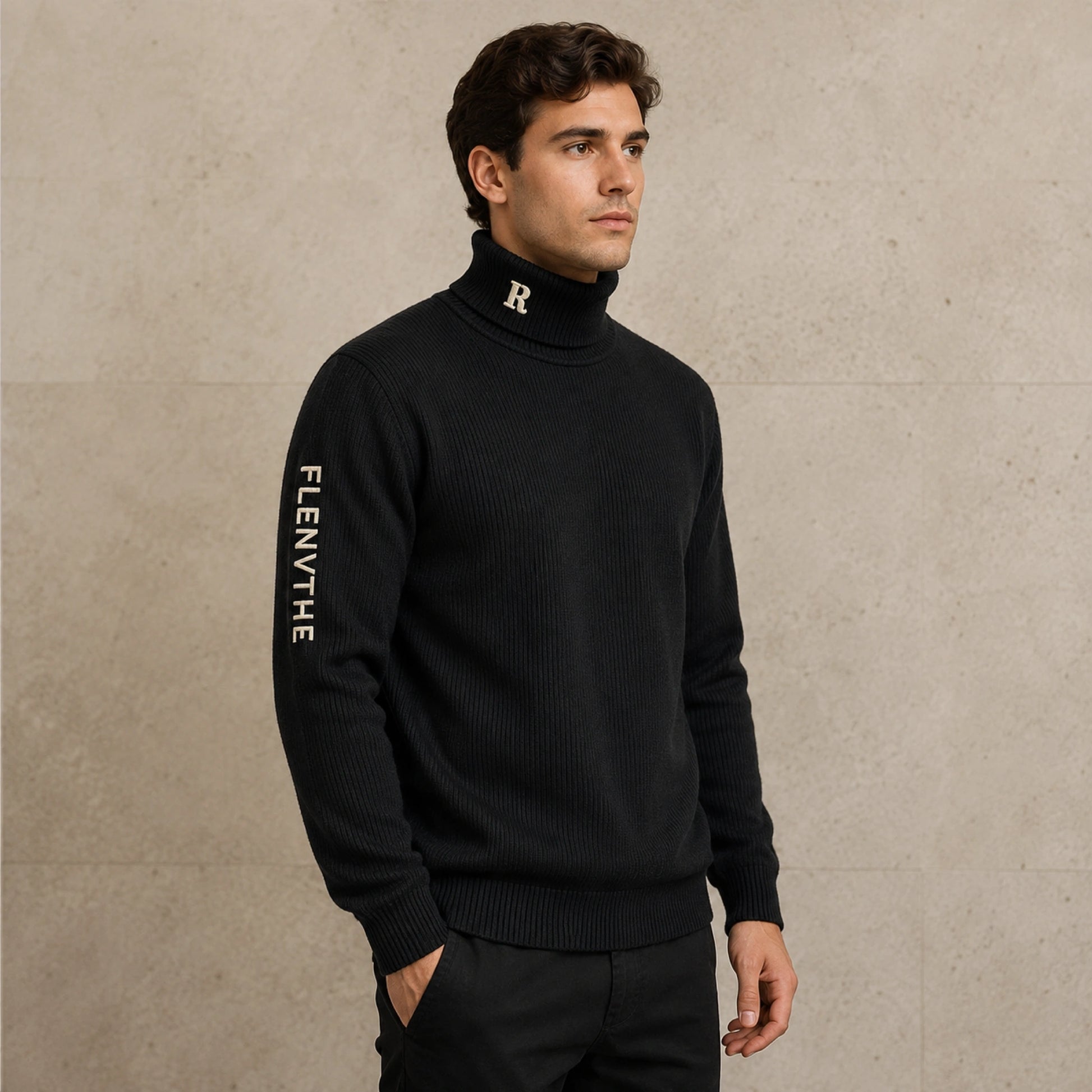 Male model wearing men's black embroidered turtleneck letterman sweater, complete side view — view 4
