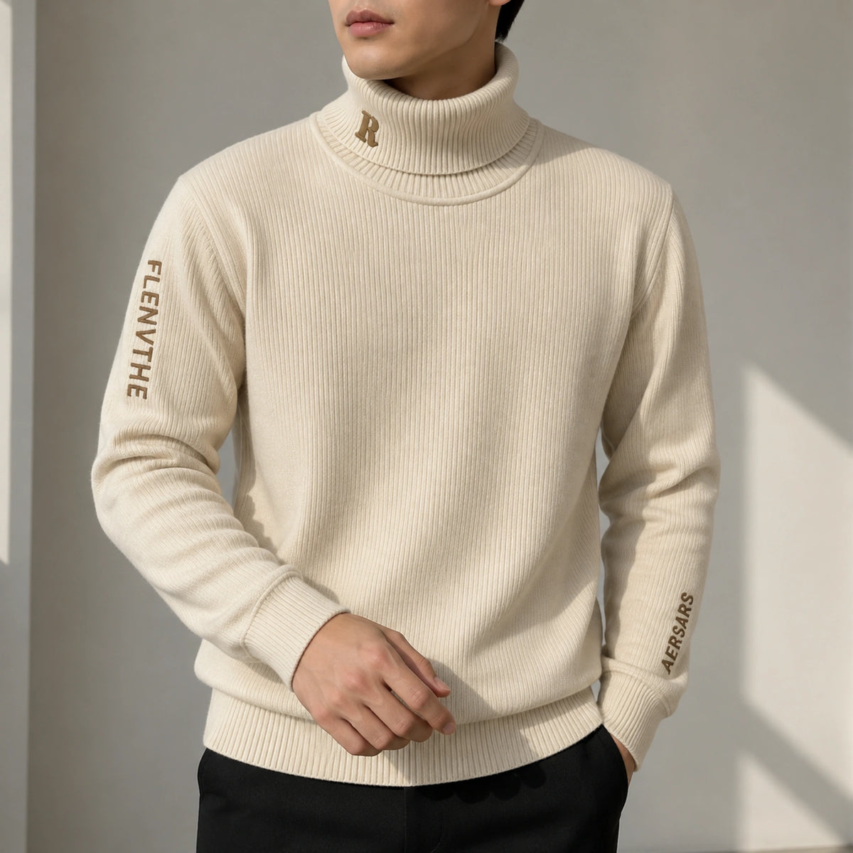 Male model wearing beige embroidered turtleneck letterman sweater, close up collar and knit detail — view 5