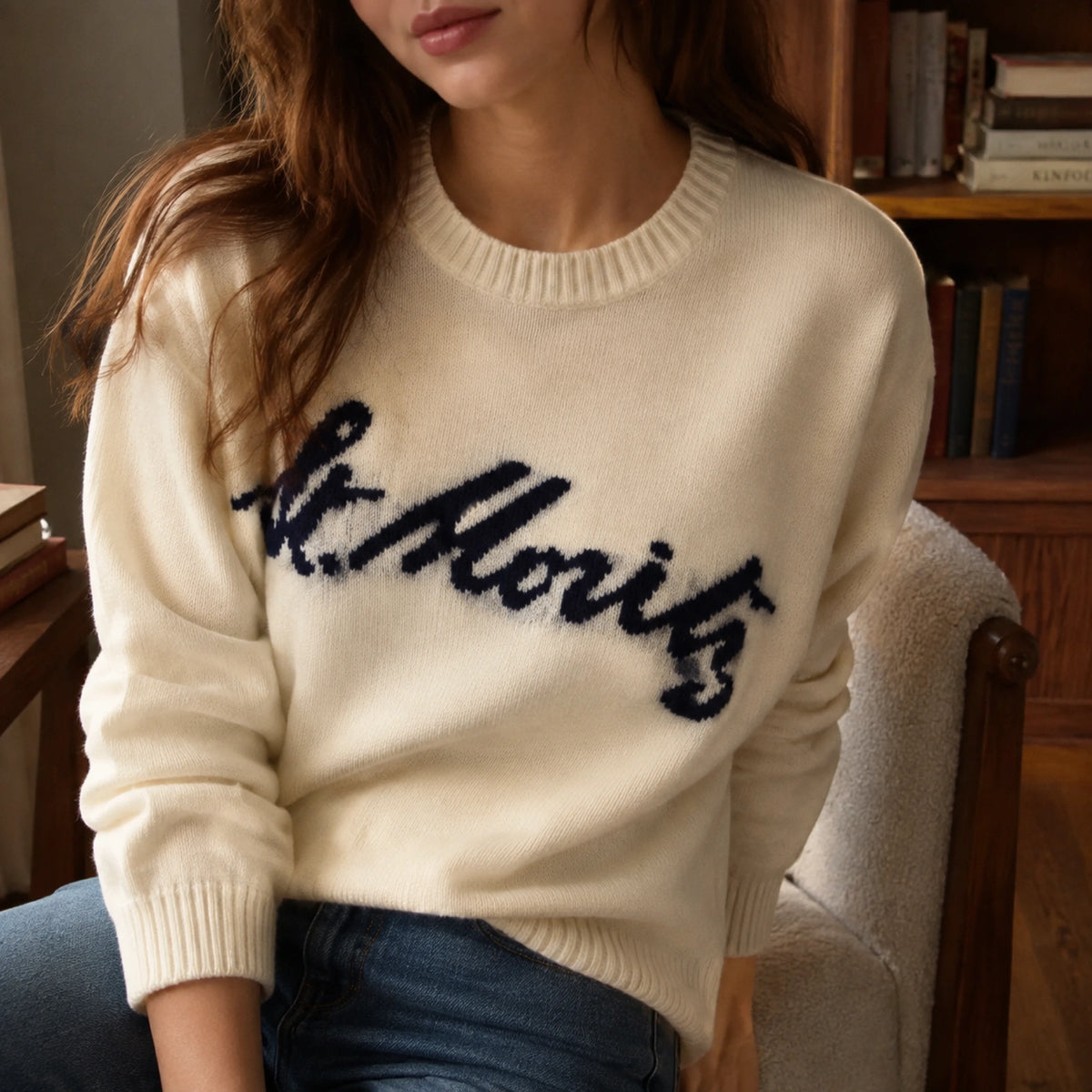 Female model wearing light beige cursive jacquard letterman sweater, close up knit detail — view 3