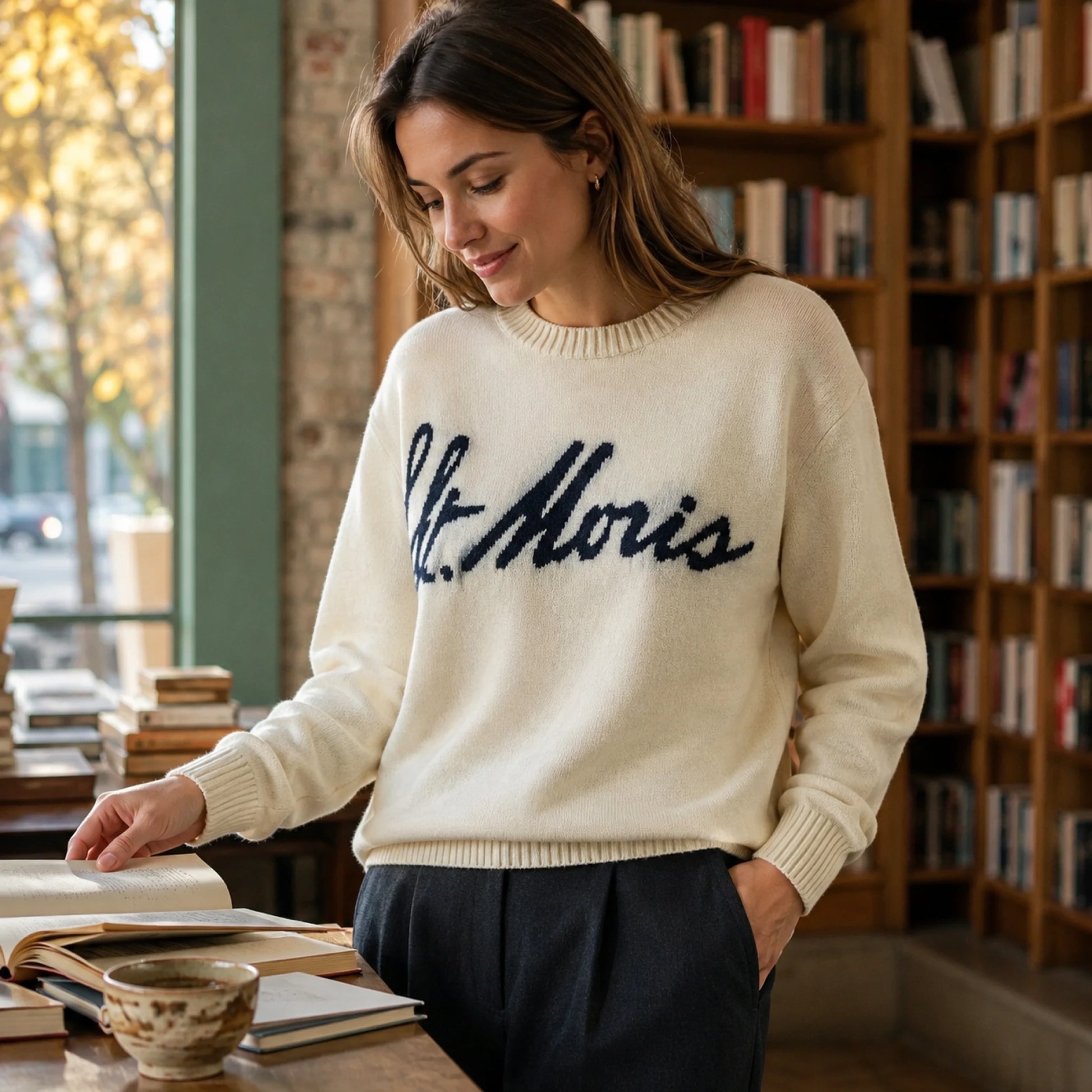 Female model wearing light beige cursive jacquard letterman sweater in a bookstore café — view 5