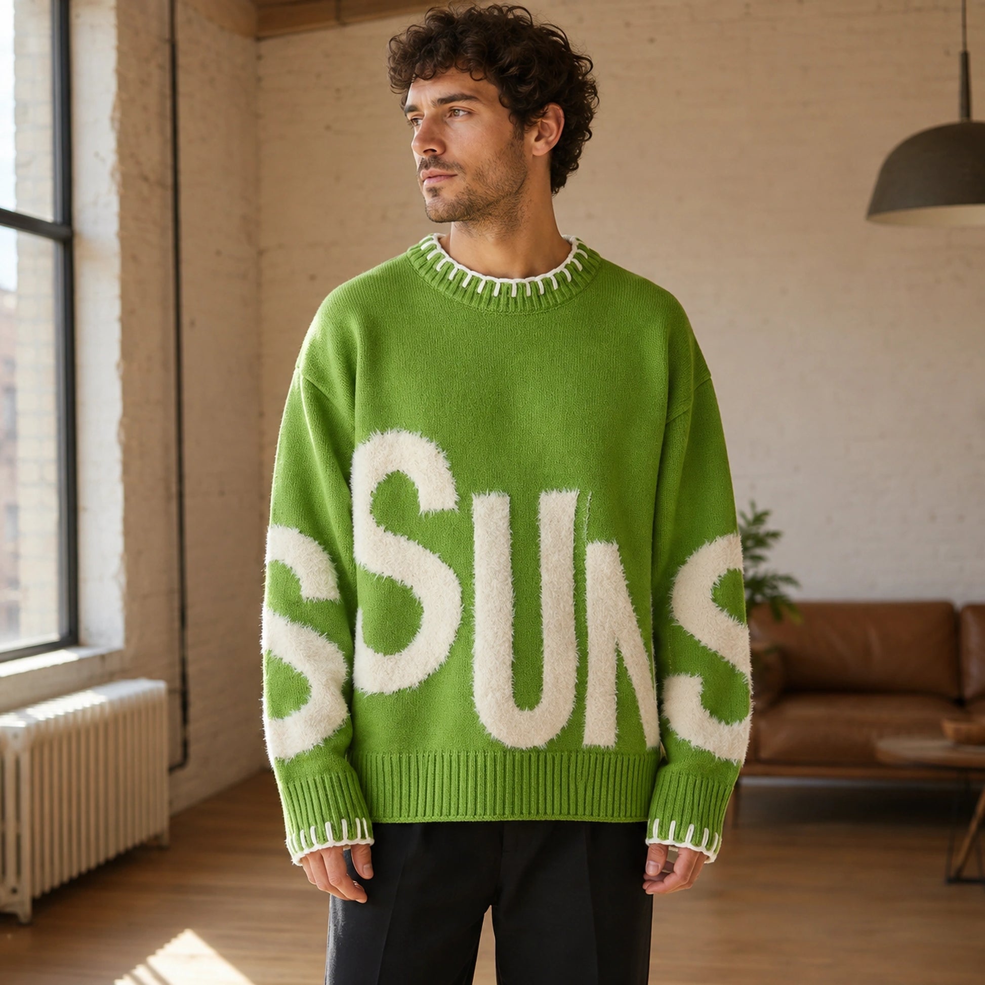 Man wearing green fuzzy letter pattern letterman sweater, complete front view — view 2