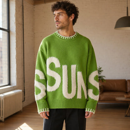 Man wearing green fuzzy letter pattern letterman sweater, complete front view — view 2