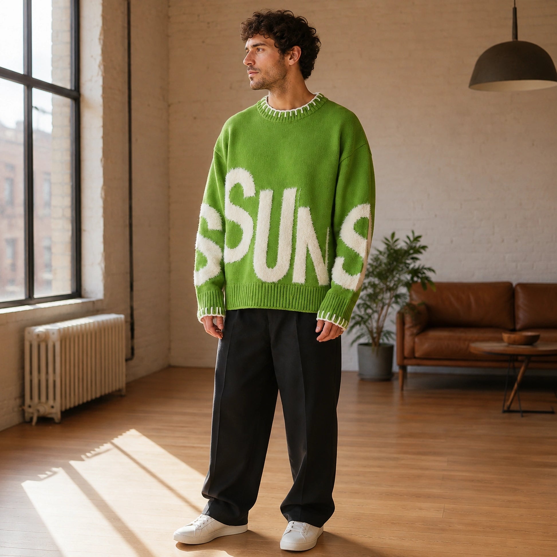 Man wearing green fuzzy letter pattern letterman sweater in a loft — view 5