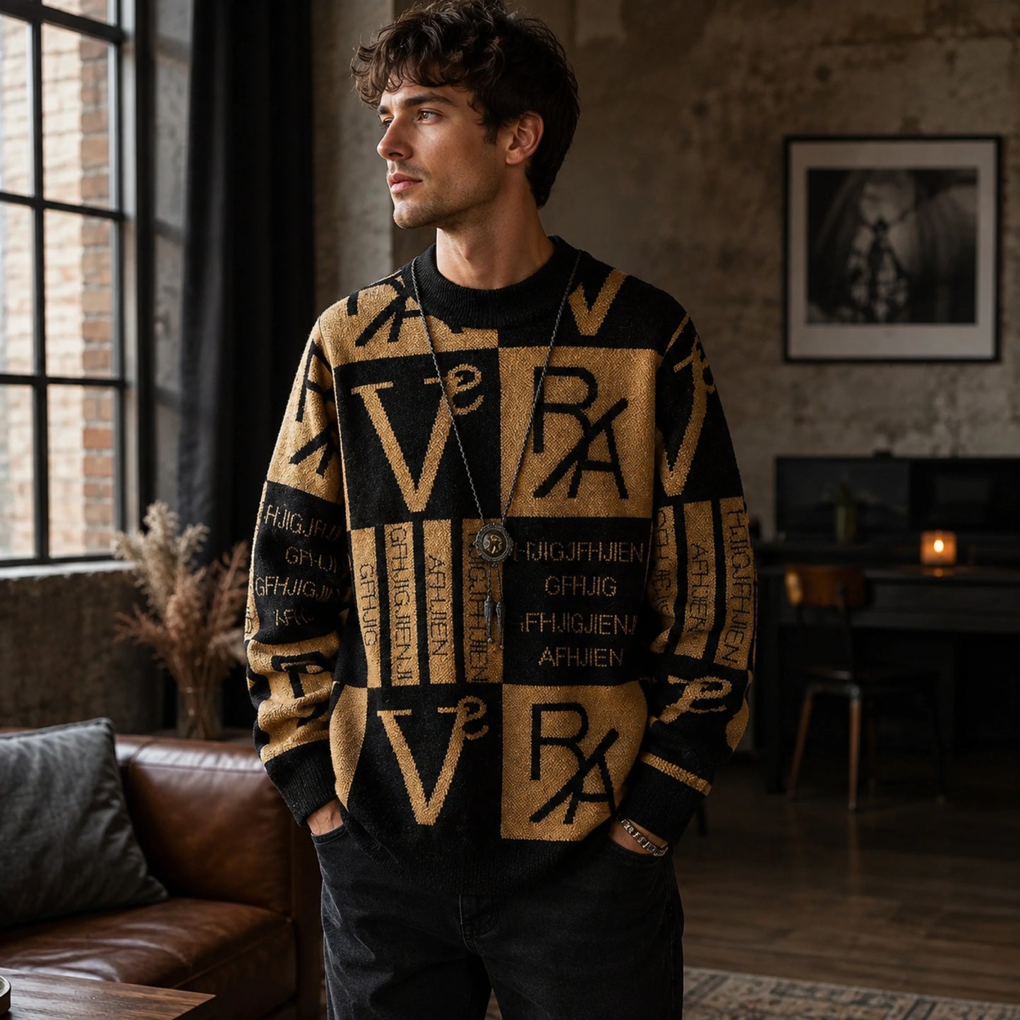 Male model wearing men's khaki and black abstract jacquard letterman sweater, complete front view
