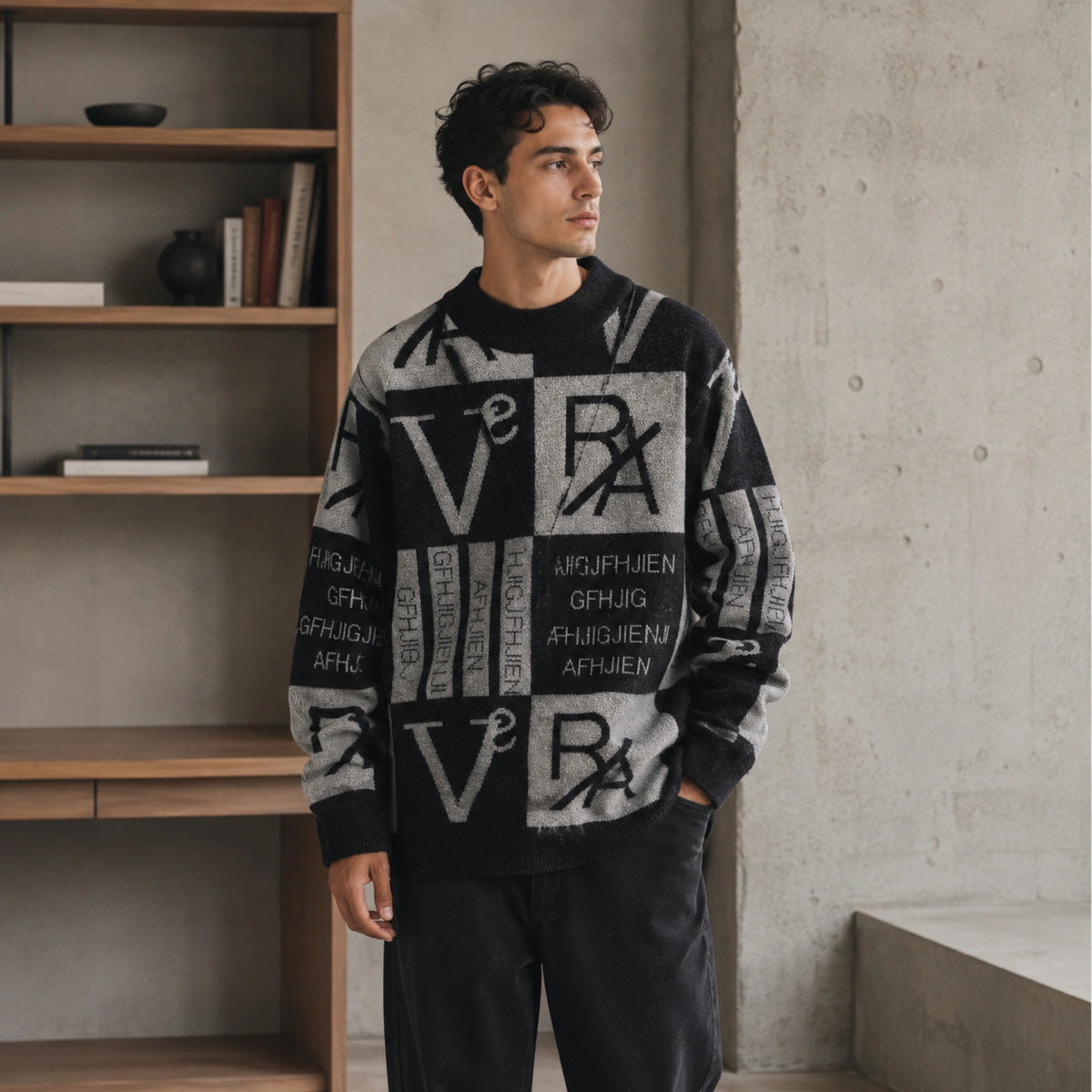 Male model wearing men's gray and black abstract jacquard letterman sweater, complete front view — view 3