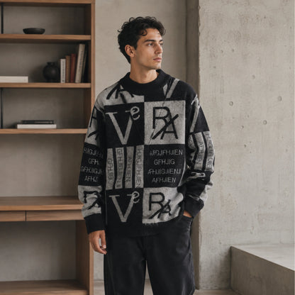 Male model wearing men's gray and black abstract jacquard letterman sweater, complete front view — view 3