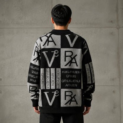 Male model wearing men's gray and black abstract jacquard letterman sweater, genuine direct rear view — view 4
