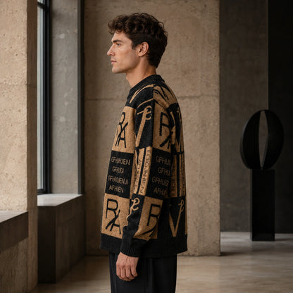 Male model wearing men's khaki and black abstract jacquard letterman sweater, complete side view — view 5