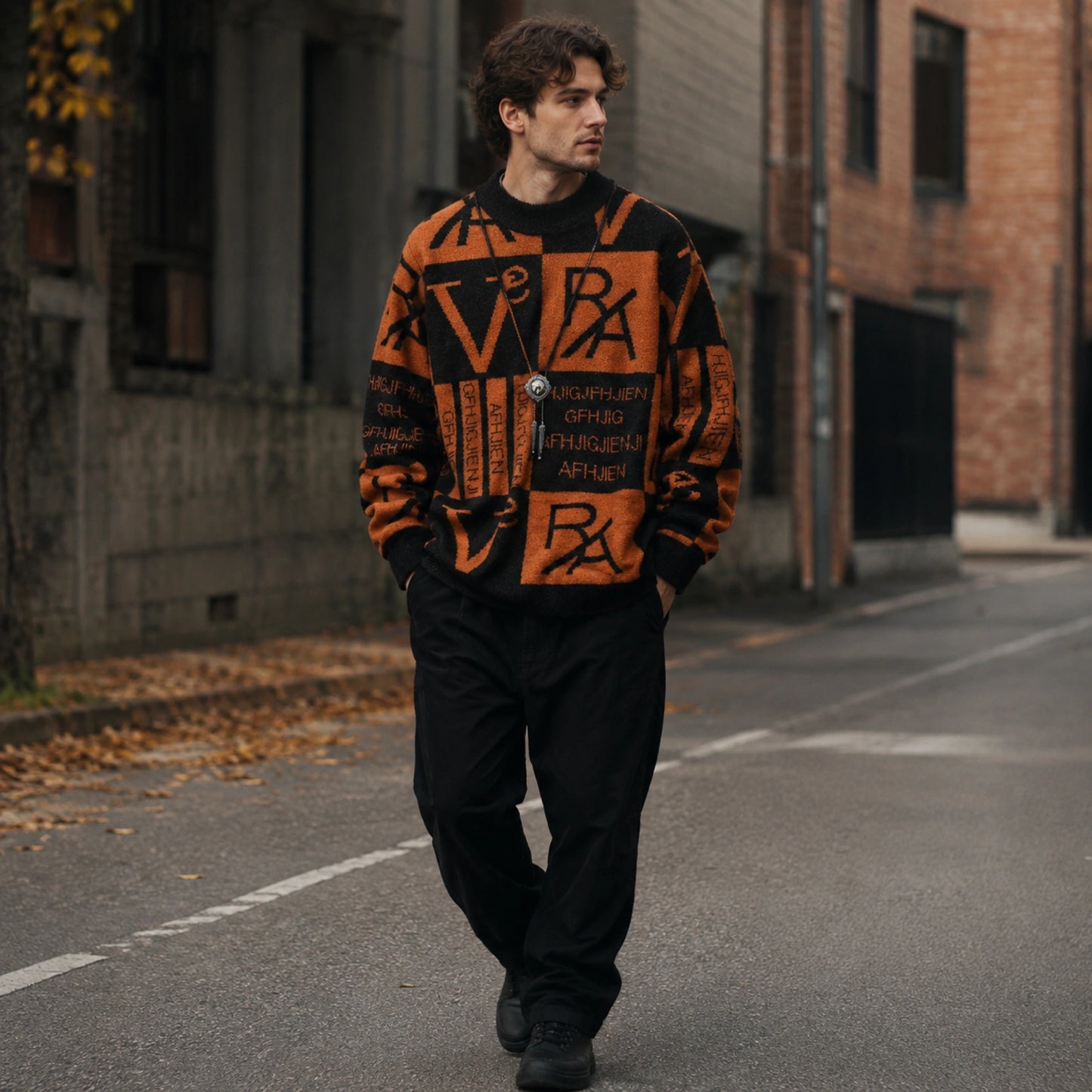 Male model wearing rust brown abstract jacquard letterman sweater in an urban setting — view 7