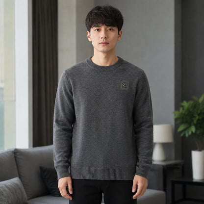 Male model wearing men's gray fleece lined patch letterman sweater, complete front view — view 2
