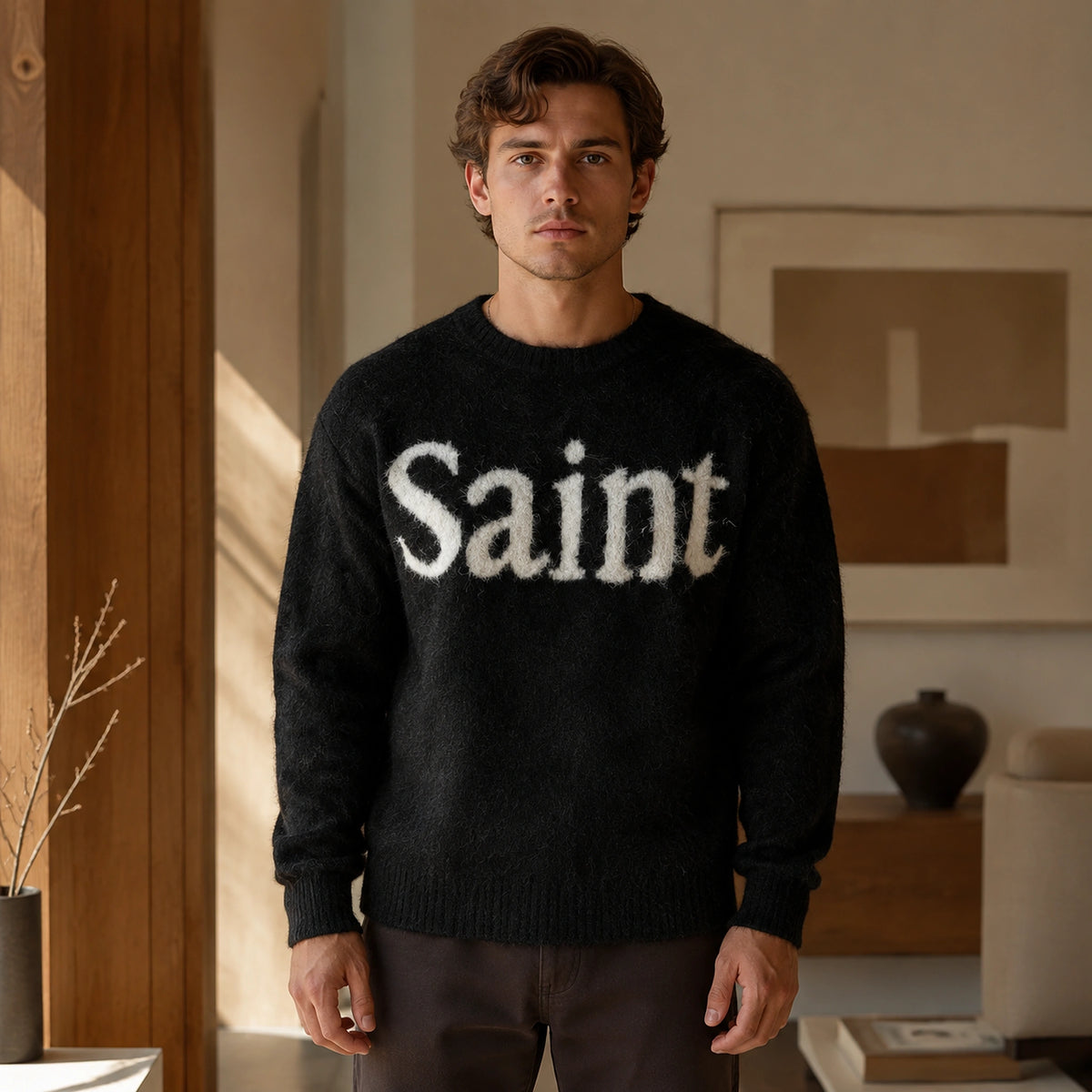 Male model wearing the black fuzzy Saint letterman sweater in a natural front view