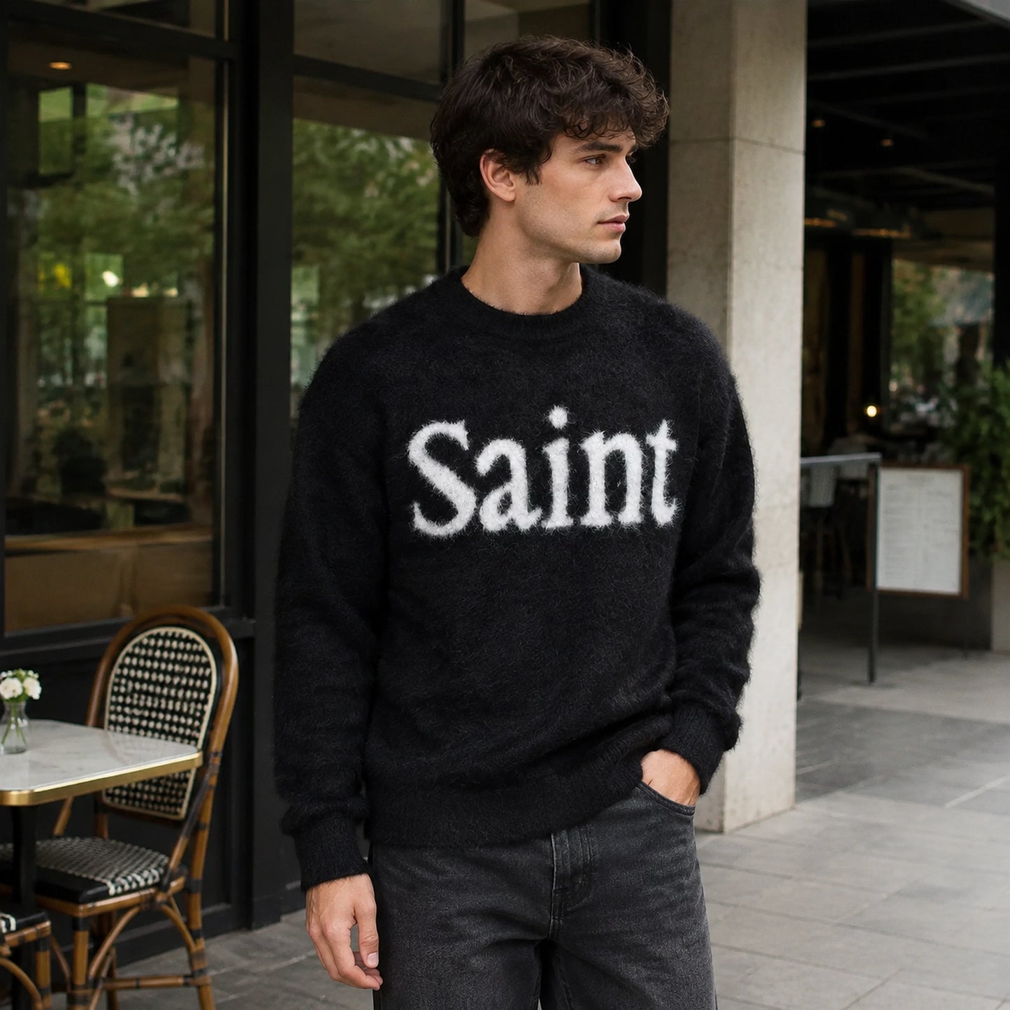 Male model wearing the black fuzzy Saint letterman sweater in a three quarter side view — view 3