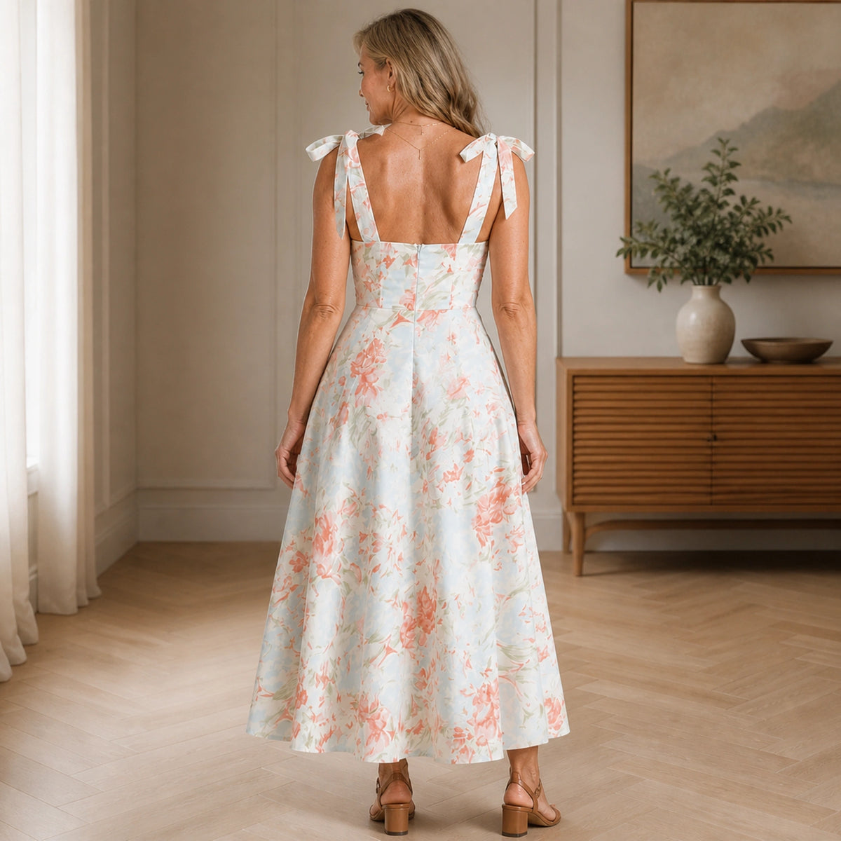 long wedding guest dress — Aqua Coral Floral back — view 4
