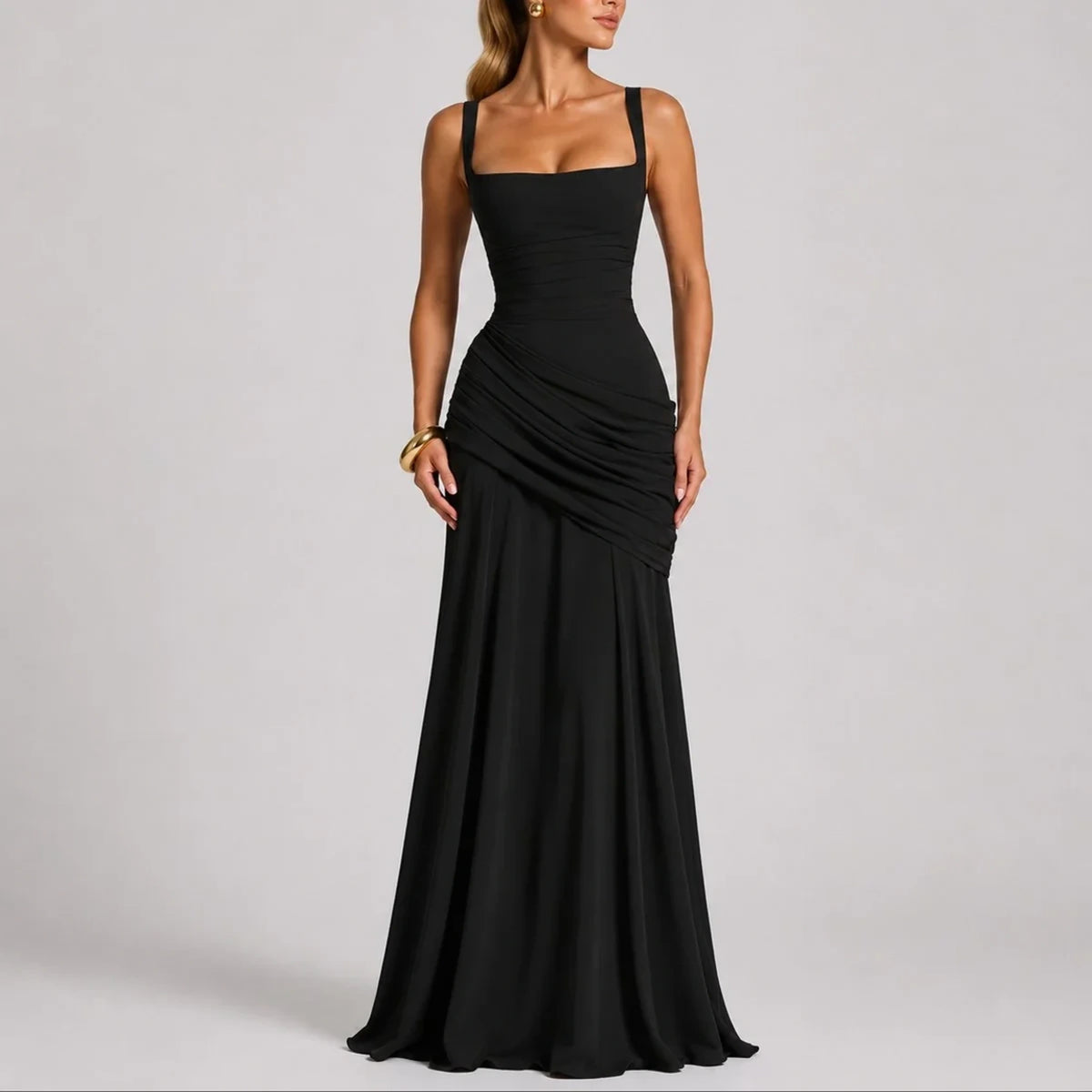Long wedding guest dress — Women's Ruched Square Neck Maxi Fall Black