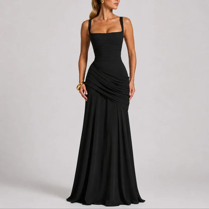Long wedding guest dress — Women's Ruched Square Neck Maxi Fall Black