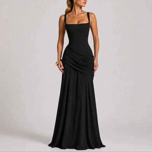 Long wedding guest dress — Women's Ruched Square Neck Maxi Fall Black