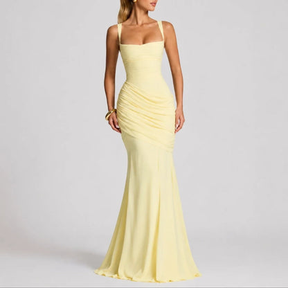 Long wedding guest dress — Women's Ruched Square Neck Maxi Fall Yellow — view 3 — view 3