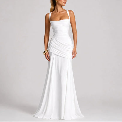 Long wedding guest dress — Women's Ruched Square Neck Maxi Fall White — view 5 — view 5