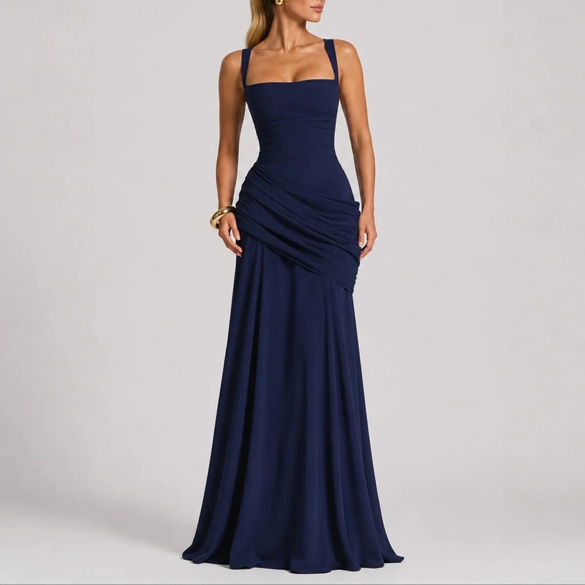 Long wedding guest dress — Women's Ruched Square Neck Maxi Fall Navy — view 7 — view 7