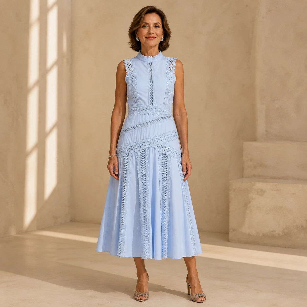 long wedding guest dress — Powder blue cutwork sleeveless midi wedding guest dress on a mature woman — view 3