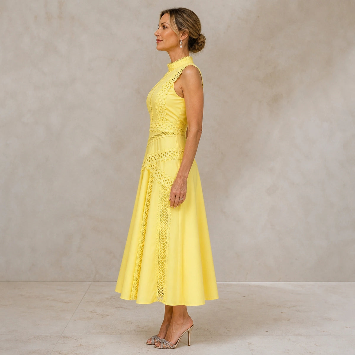 long wedding guest dress — Yellow cutwork sleeveless midi dress profile construction view — view 4