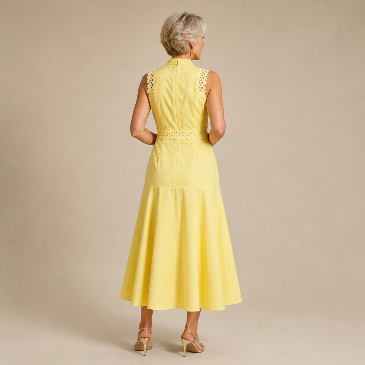 long wedding guest dress — Yellow cutwork sleeveless midi dress rear construction view — view 5
