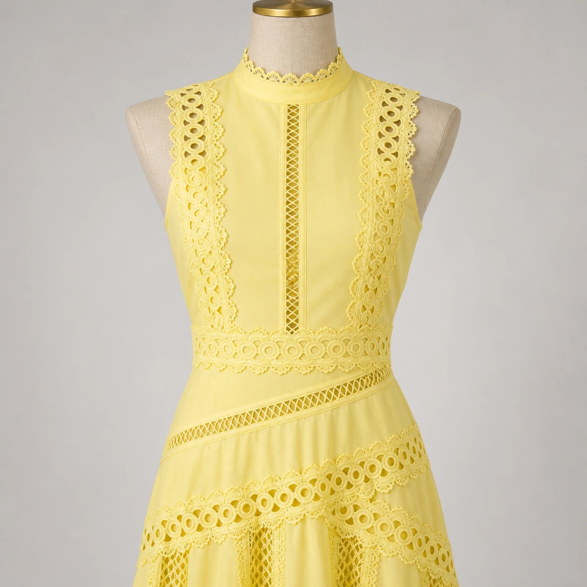 long wedding guest dress — Yellow stand neckline keyhole waist and cutwork construction detail — view 6