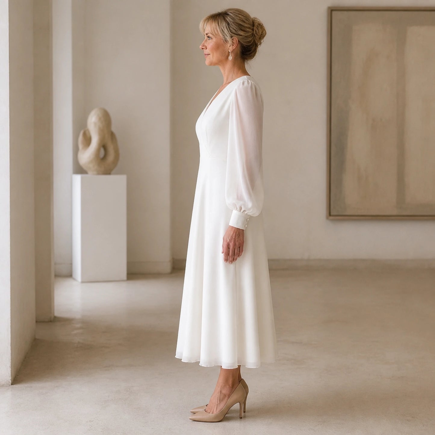 long wedding guest dress — Cecilia soft ivory puff sleeve civil wedding dress — side view — view 2