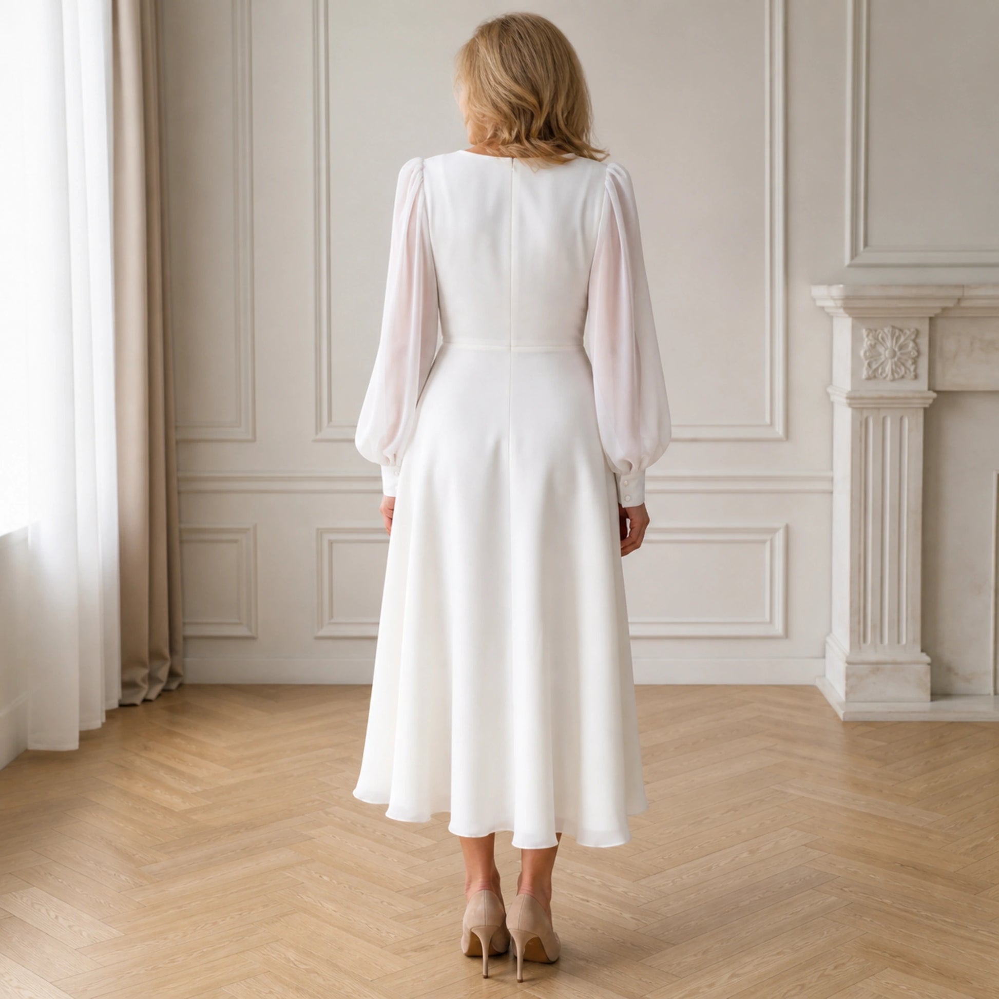 long wedding guest dress — Cecilia soft ivory puff sleeve civil wedding dress — back view — view 3