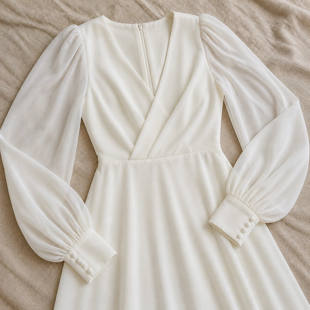 long wedding guest dress — Cecilia soft ivory puff sleeve civil wedding dress — detail view — view 4