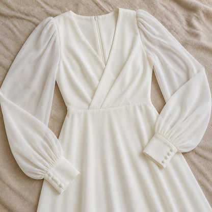 long wedding guest dress — Cecilia soft ivory puff sleeve civil wedding dress — detail view — view 4