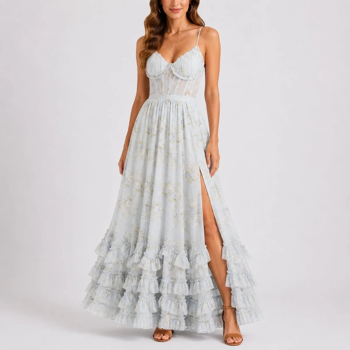 Long wedding guest dress — Women's Floral Corset Maxi Fall Ruffled Blue