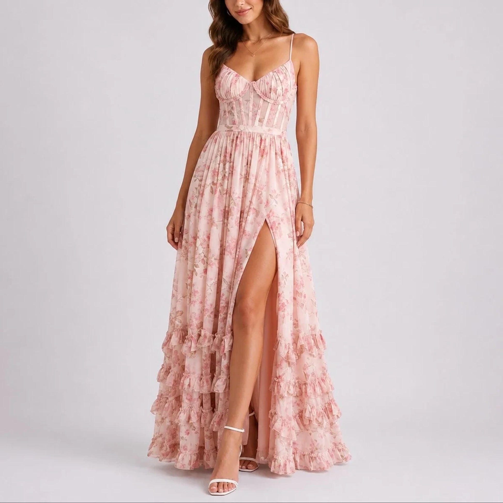 Long wedding guest dress — Women's Floral Corset Maxi Fall Ruffled Pink — view 3 — view 3