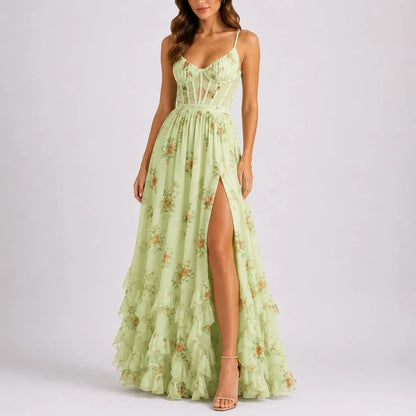Long wedding guest dress — Women's Floral Corset Maxi Fall Ruffled Green — view 5 — view 5