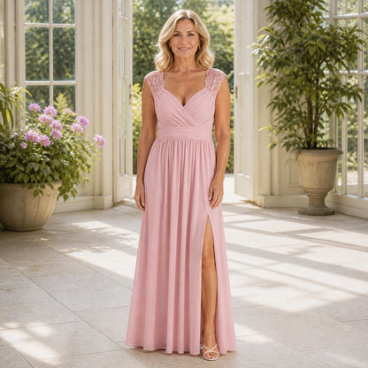 long wedding guest dress — Clarissa Blush Pink wrap bodice maxi wedding guest dress — complete straight on front — view 2