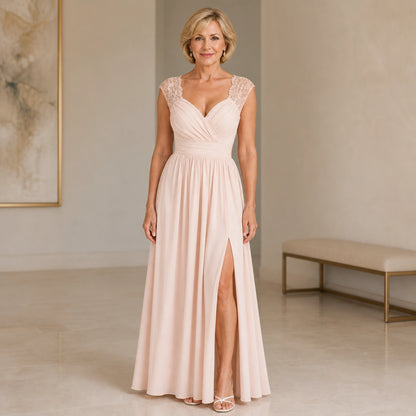 long wedding guest dress — Clarissa Champagne wrap bodice maxi wedding guest dress — complete straight on front view — view 4