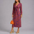 Long wedding guest dress — Women's Fall Dresses Twist Front V Neck Floral Midi Purple