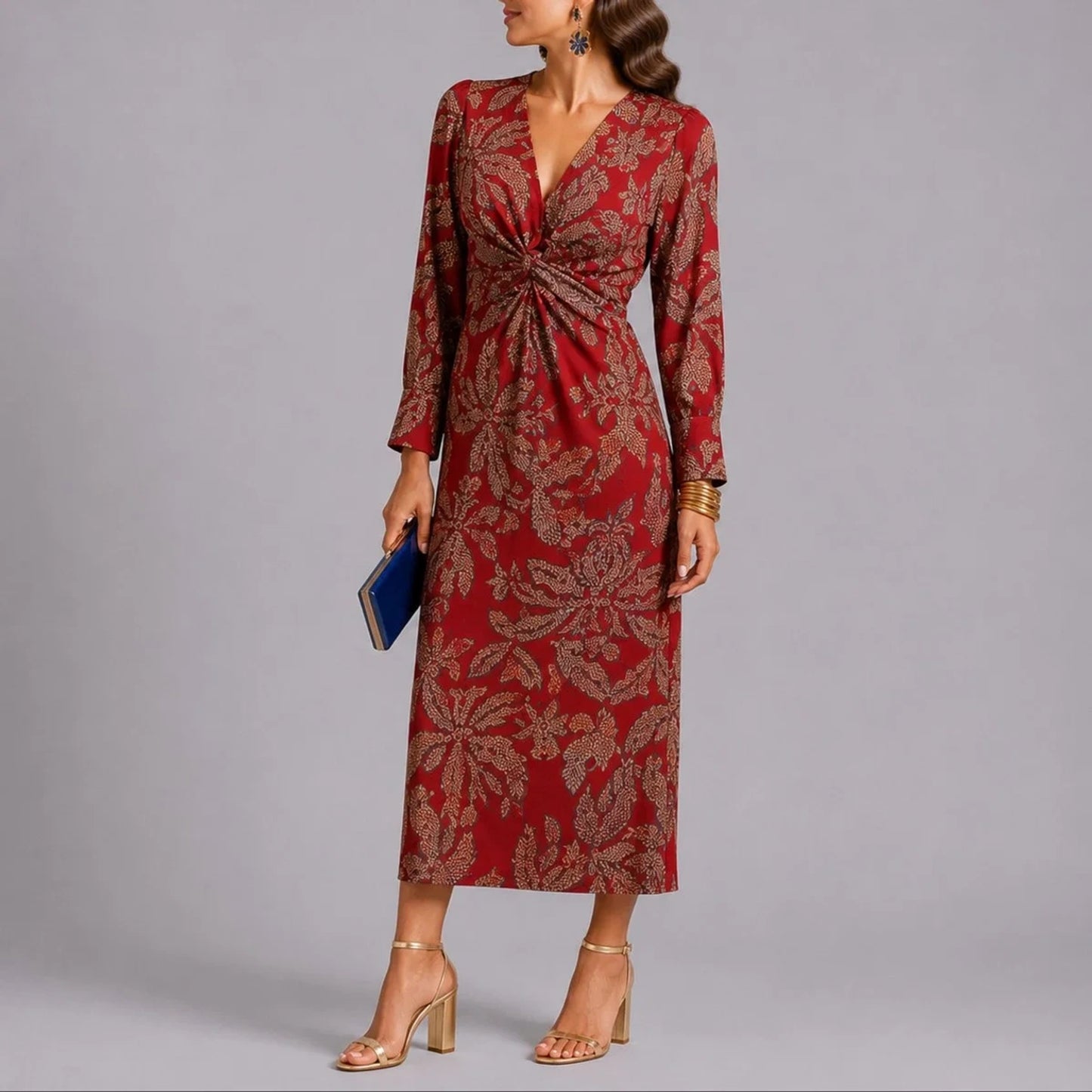 Long wedding guest dress — Women's Fall Dresses Twist Front V Neck Floral Midi Red — view 2 — view 2