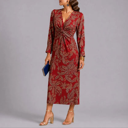 Long wedding guest dress — Women's Fall Dresses Twist Front V Neck Floral Midi Red — view 2 — view 2