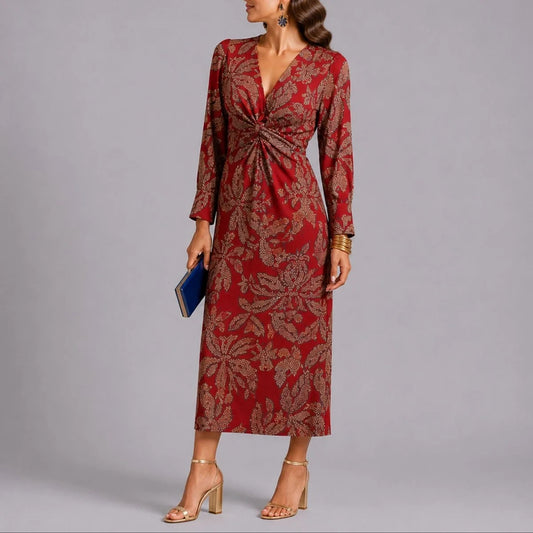 Long wedding guest dress — Women's Fall Dresses Twist Front V Neck Floral Midi Red — view 2 — view 2