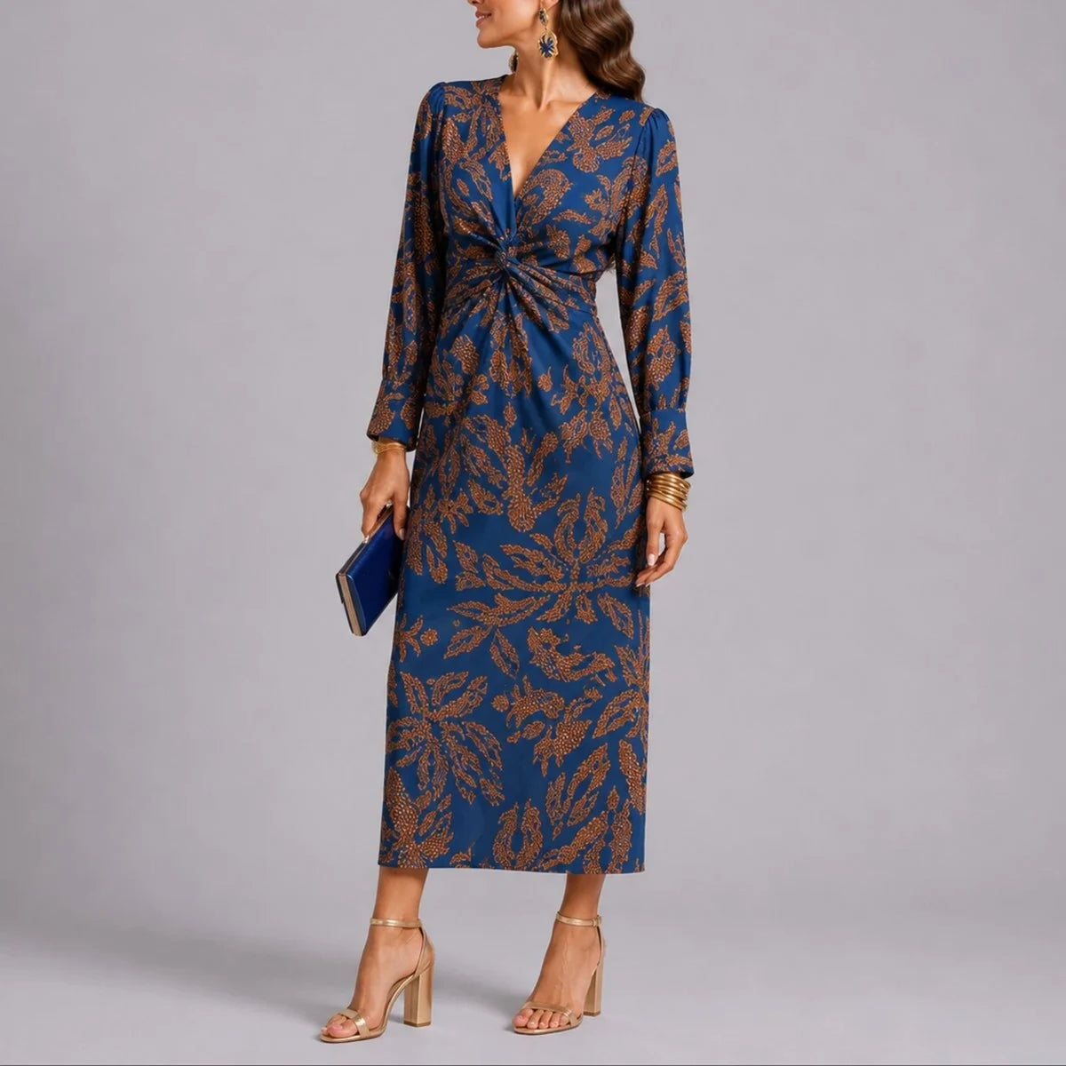 Long wedding guest dress — Women's Fall Dresses Twist Front V Neck Floral Midi Blue — view 4 — view 4