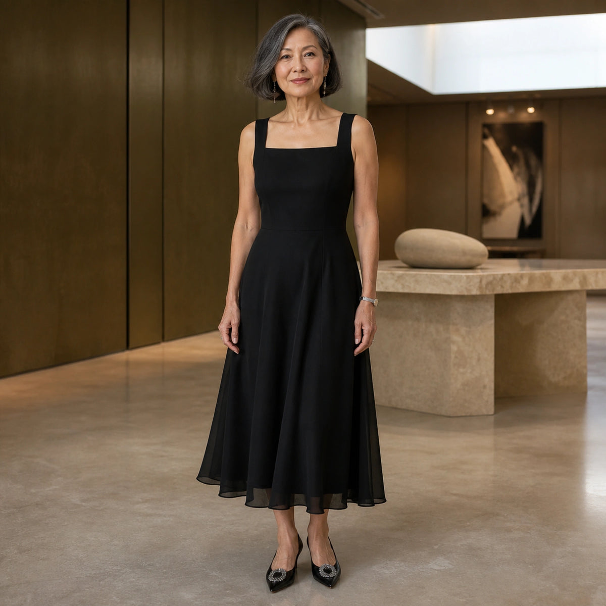 long wedding guest dress — Black square neck A line midi wedding guest dress complete front view — view 2