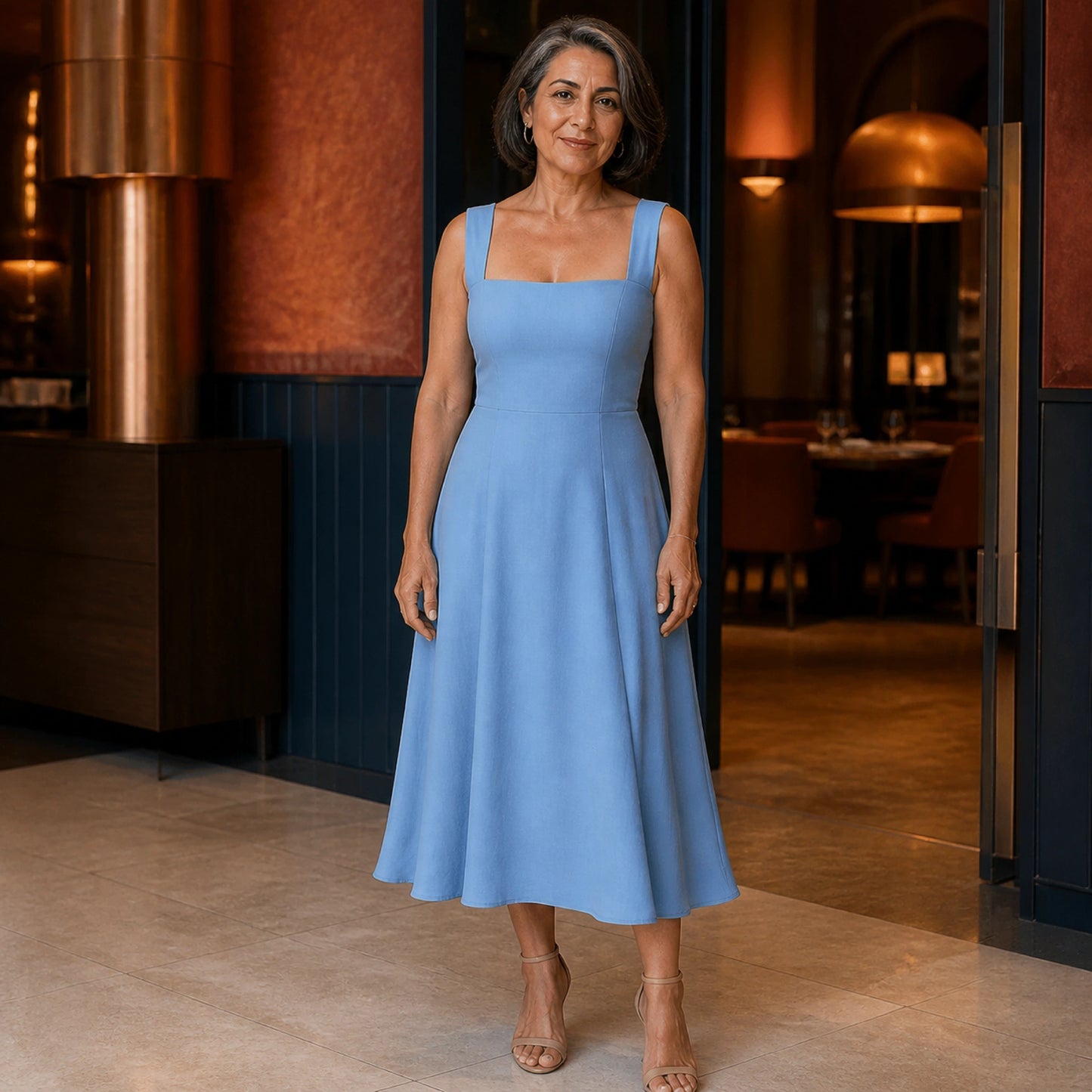 long wedding guest dress — Powder blue square neck A line midi wedding guest dress complete front view — view 3