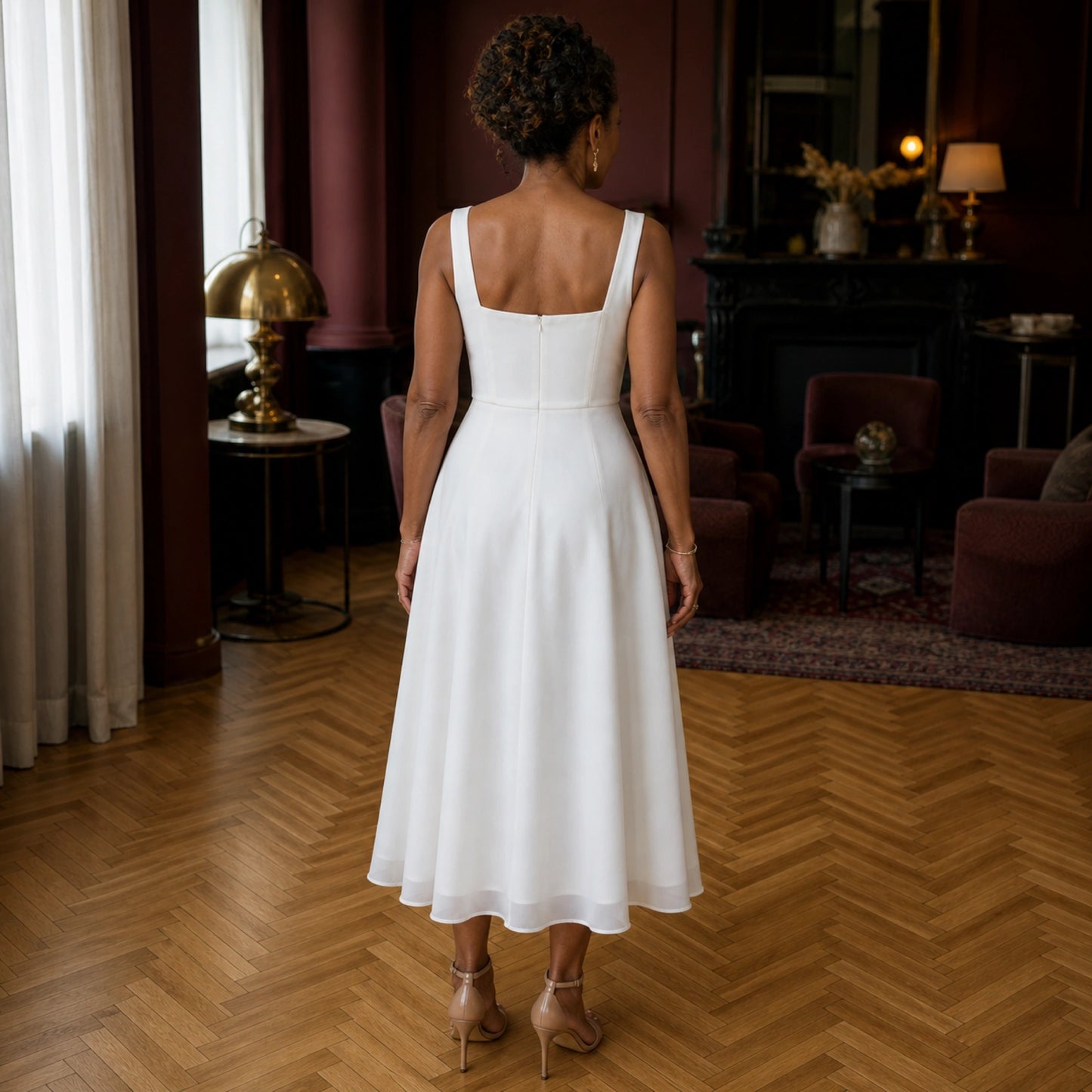 long wedding guest dress — White square neck A line midi wedding guest dress direct back view — view 4