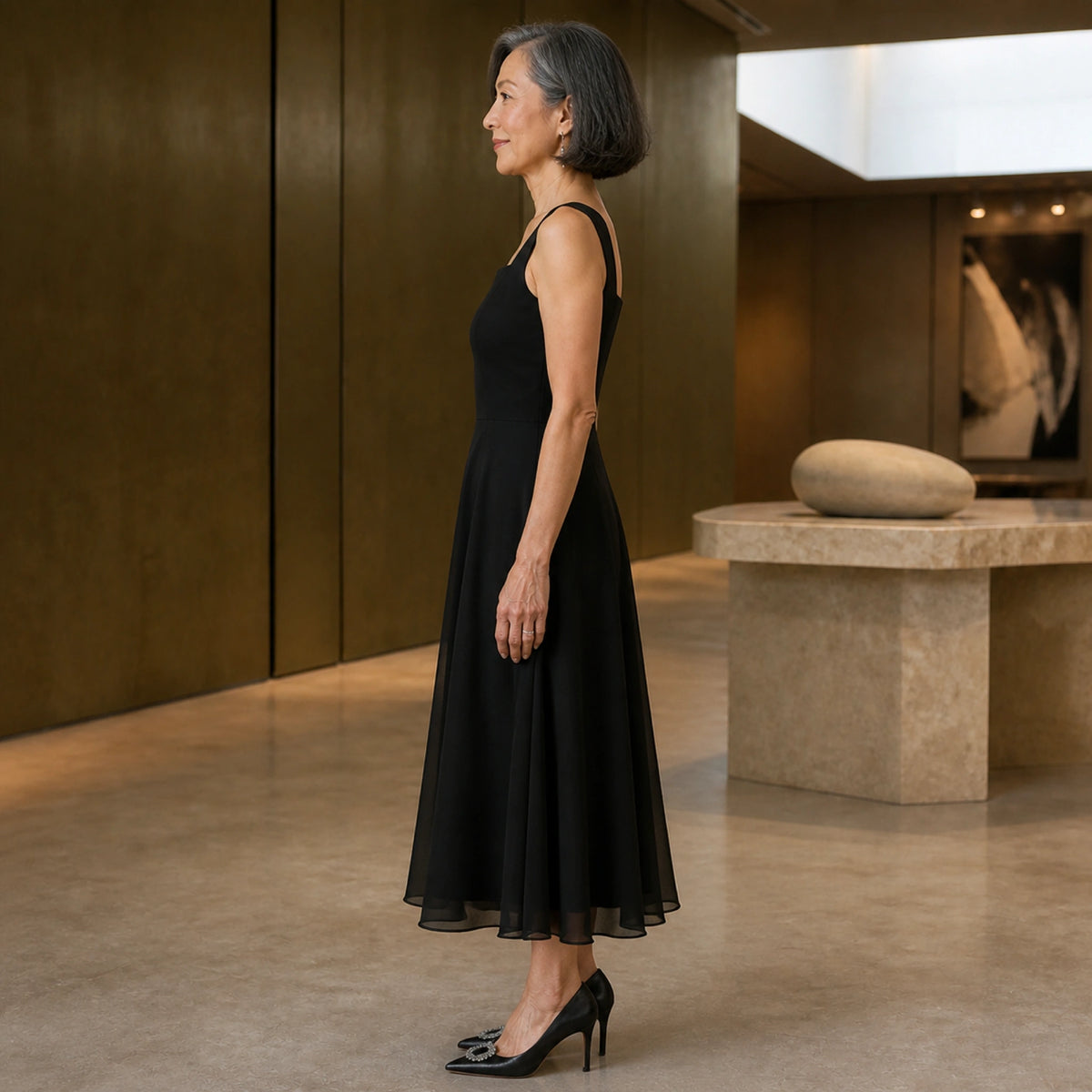 long wedding guest dress — Black square neck A line midi wedding guest dress true side view — view 5