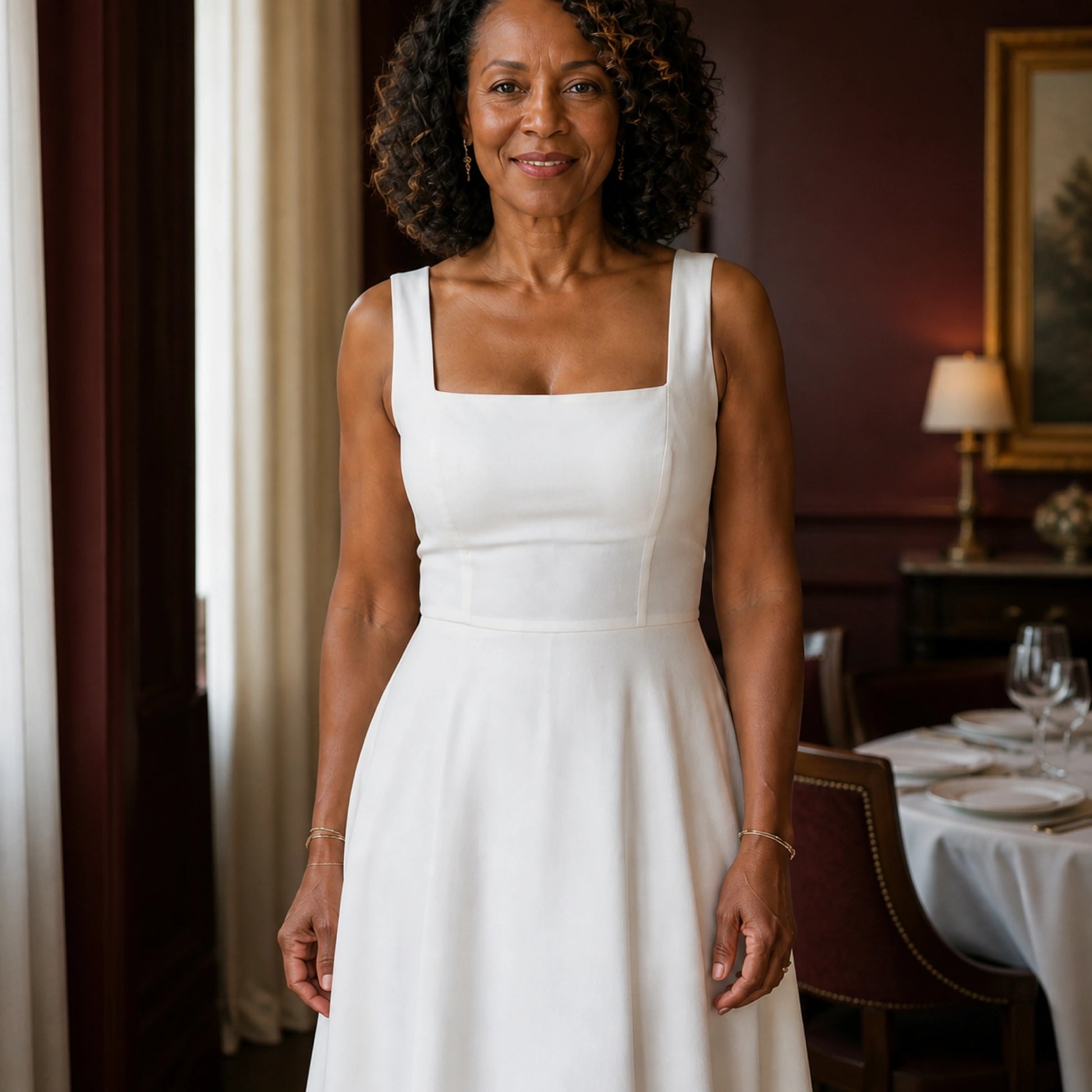 long wedding guest dress — White wedding guest dress square neckline and bodice seam detail — view 6